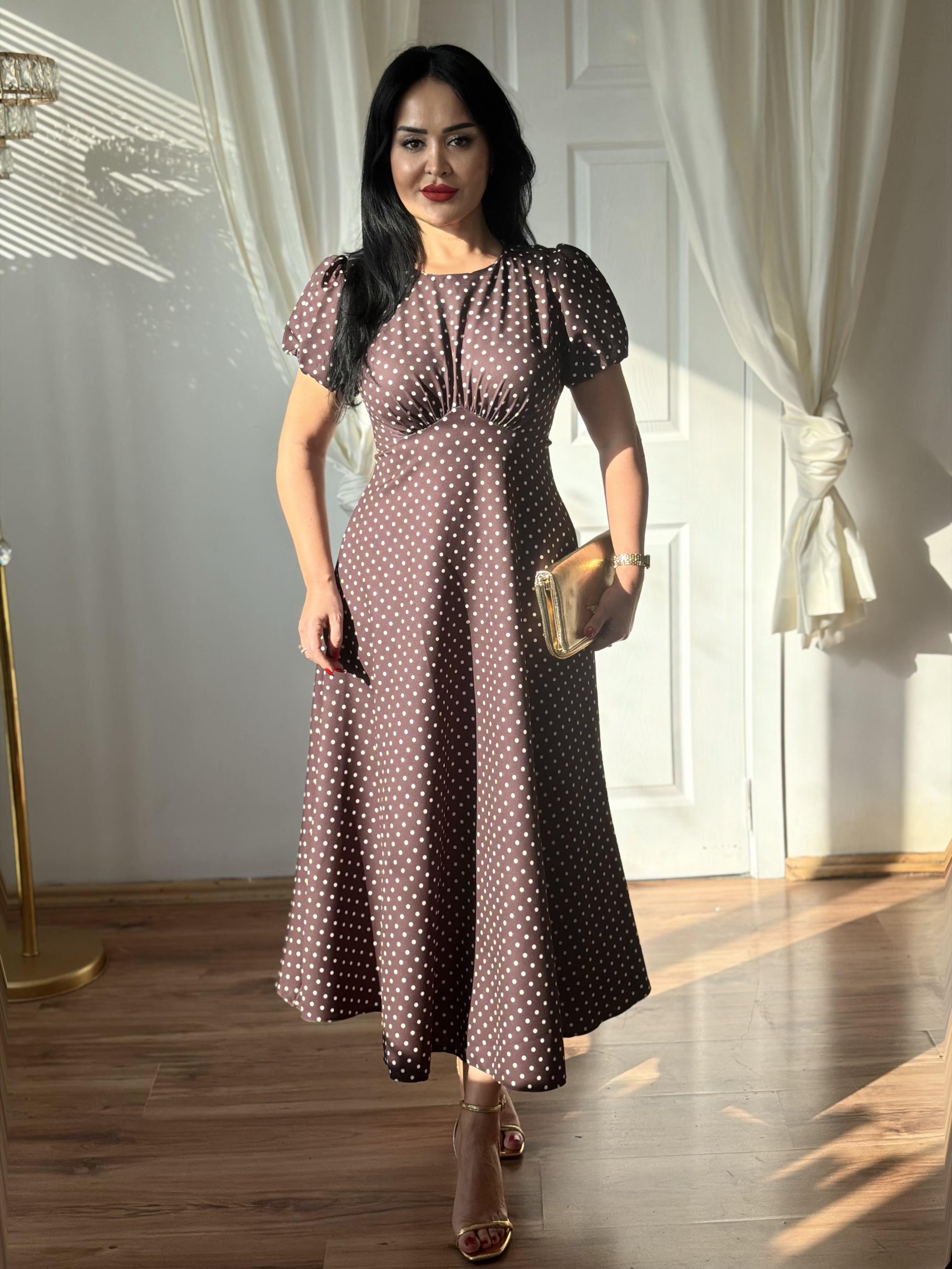 5002 Sakura kahverengi puantiyeli elbise 5002