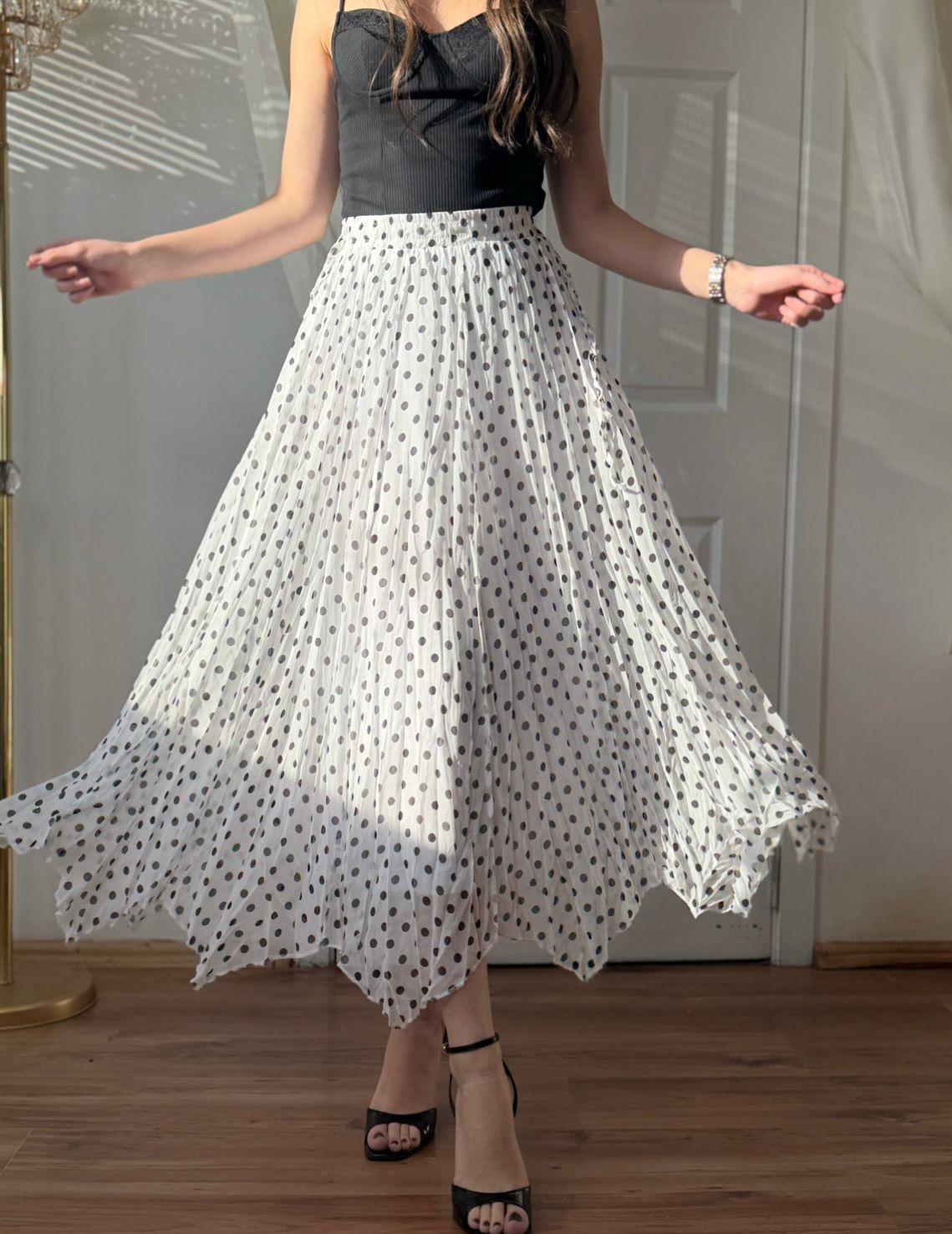 5004 Vintage beyaz puantiye  desenli  etek5004