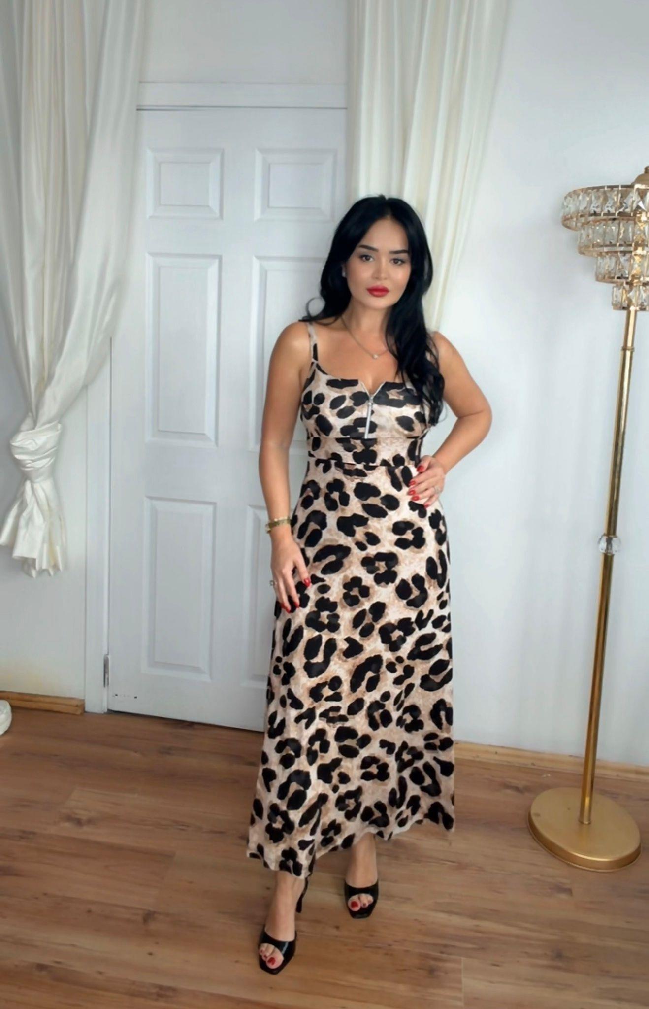 5008 Paira Leopar  Fermuarlı Elbise5008