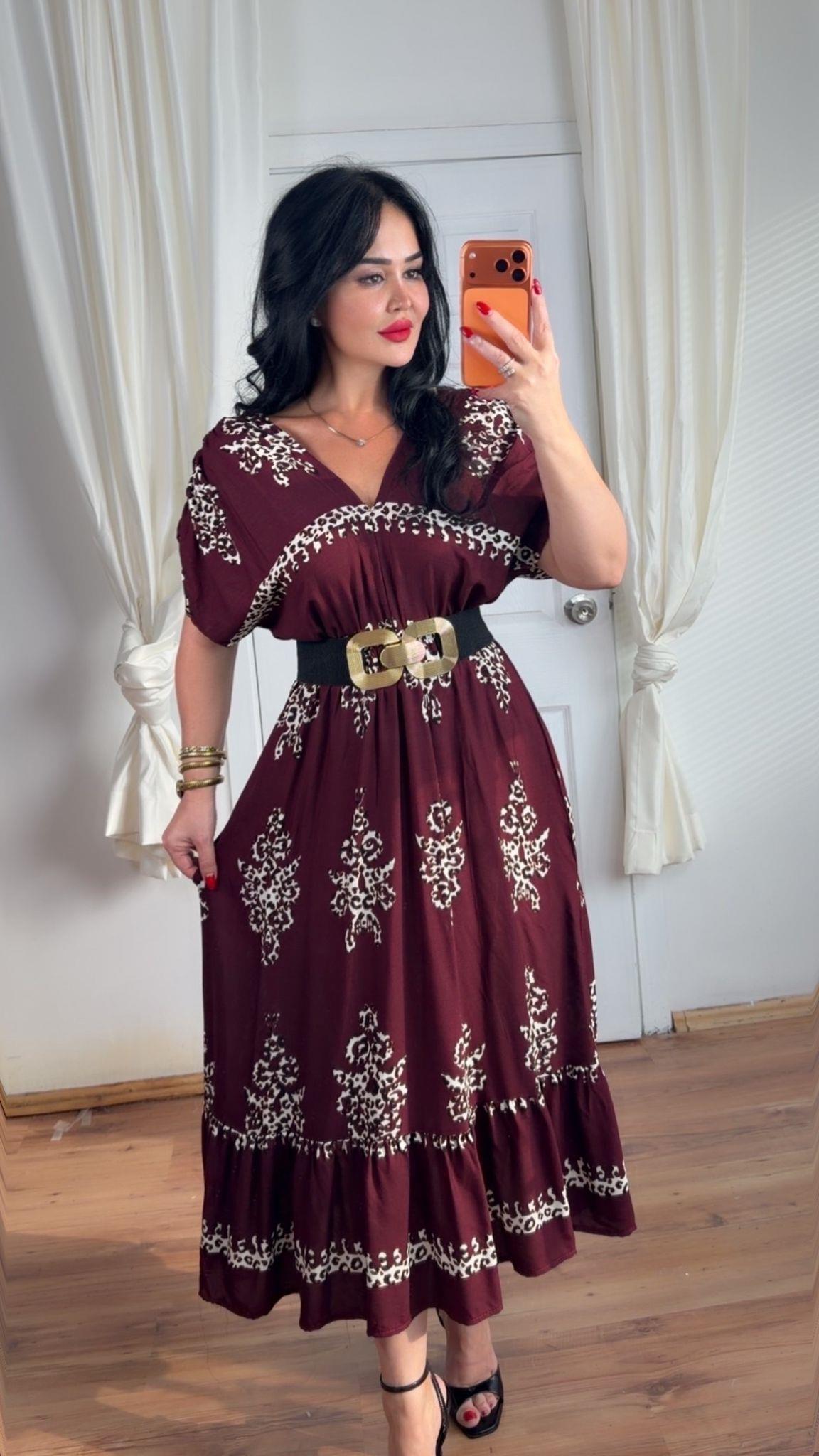 5012 Bloom leopar bordo desenli elbise5012