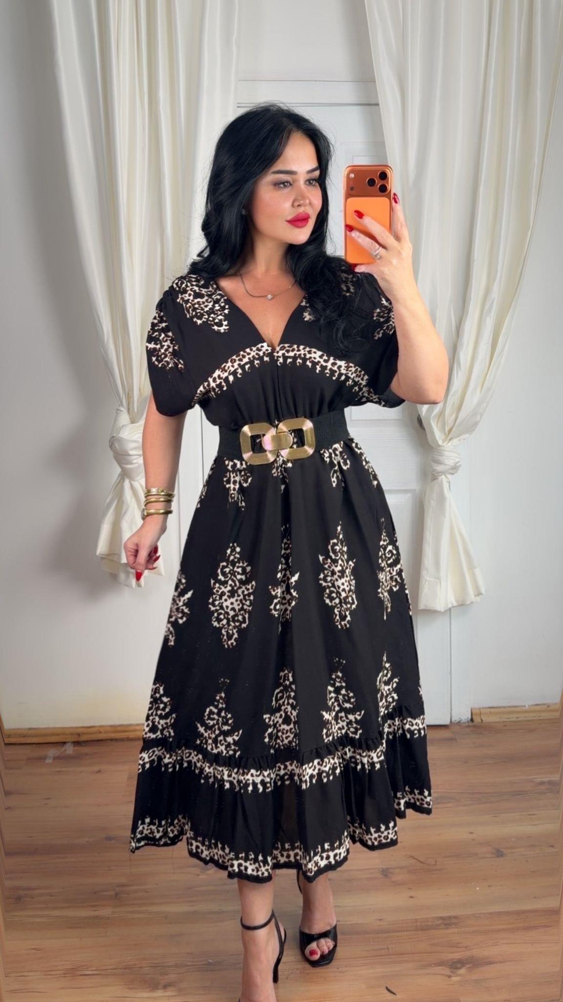 5012 Bloom leopar siyah desenli elbise5012