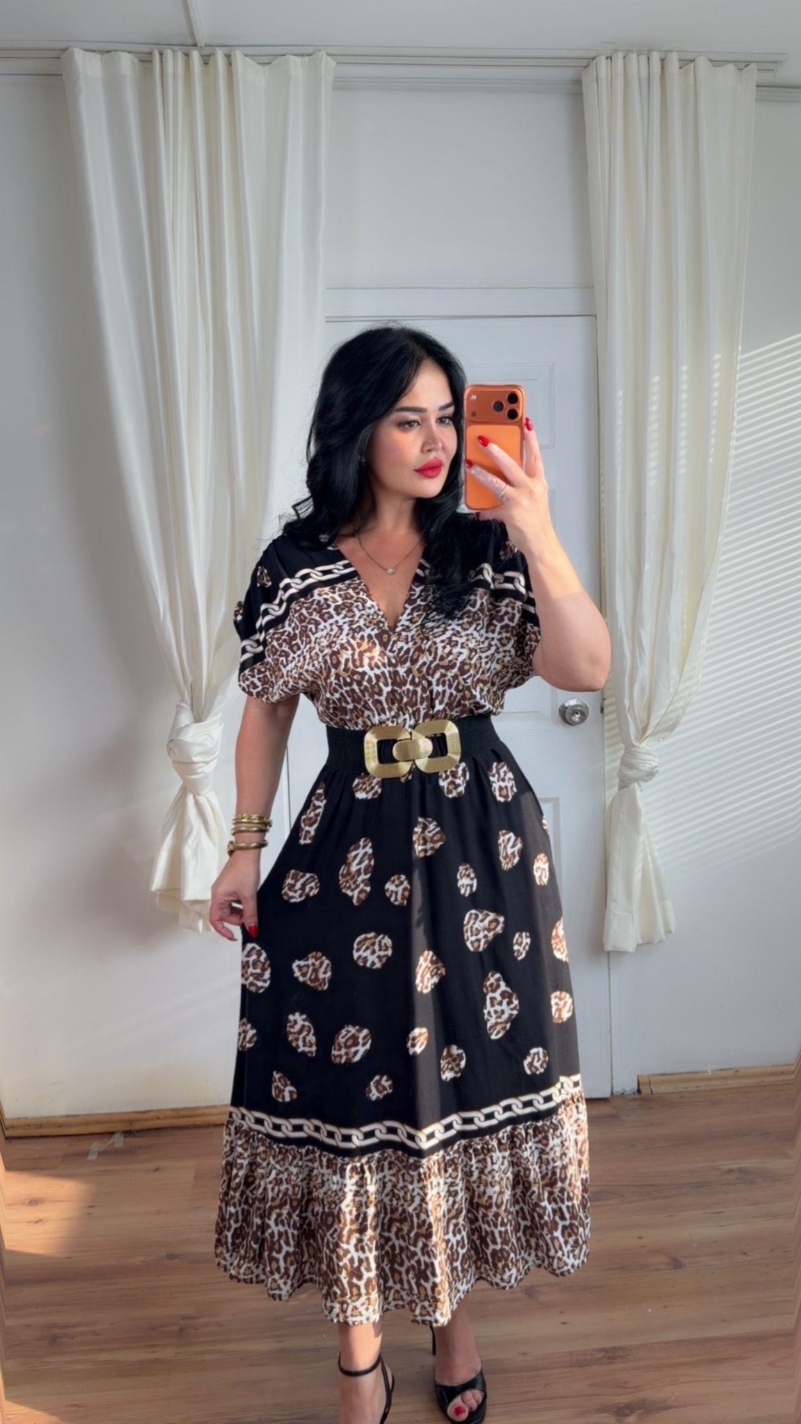 5012 Bloom zincirli leopar siyah desenli elbise5012