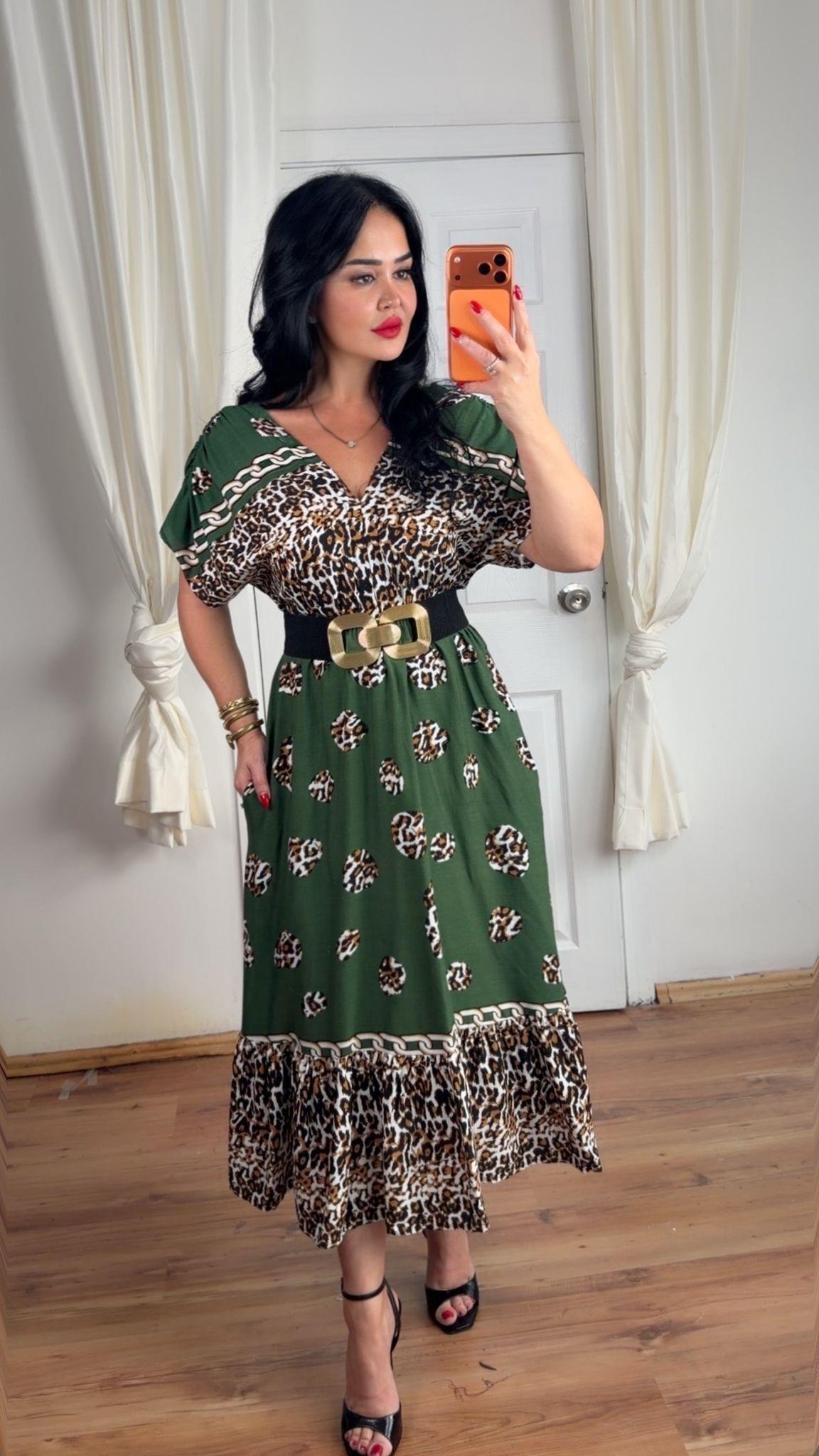 5012 Bloom zincirli leopar yeşil desenli elbise5012