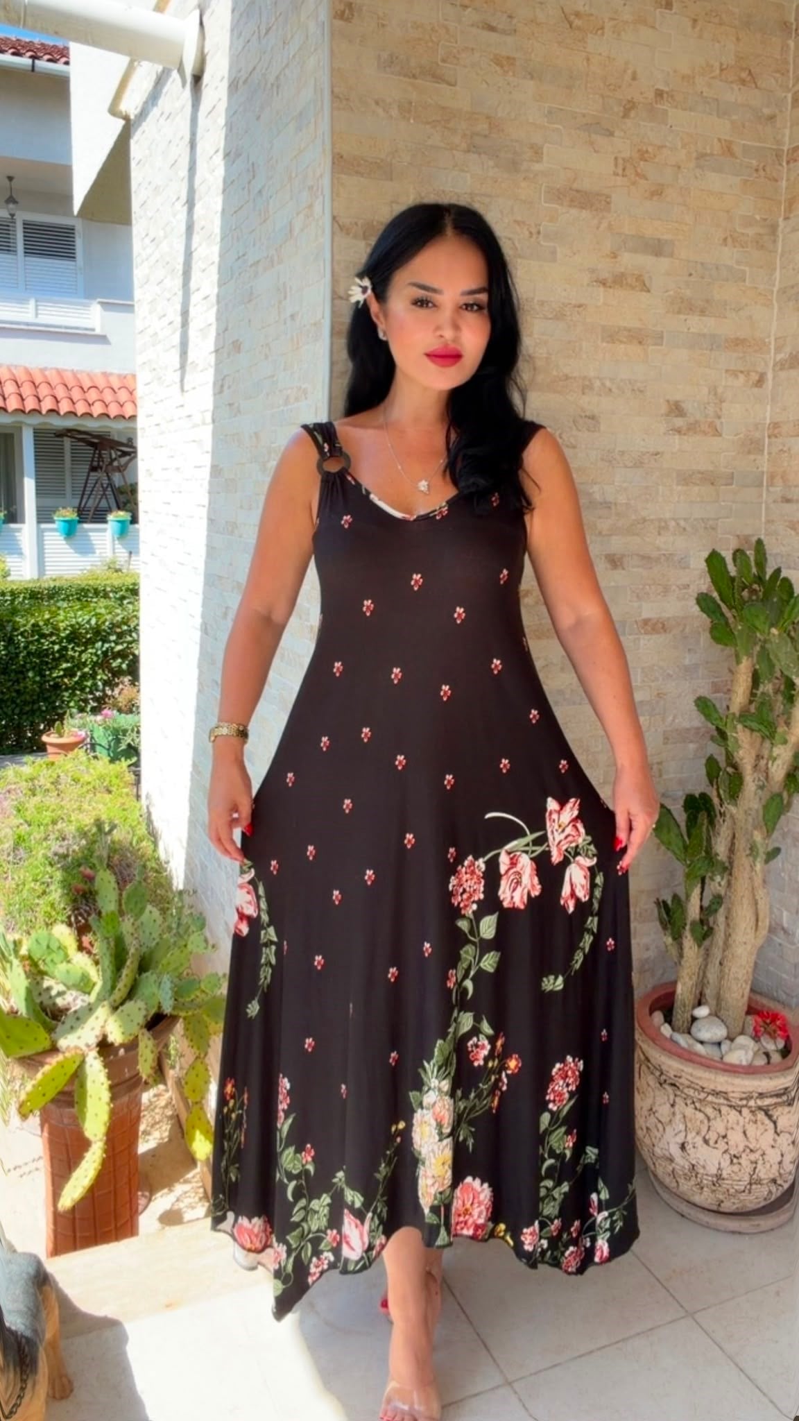 5033 Flora Ççek Desenli Halka Detaylı Elbise5033