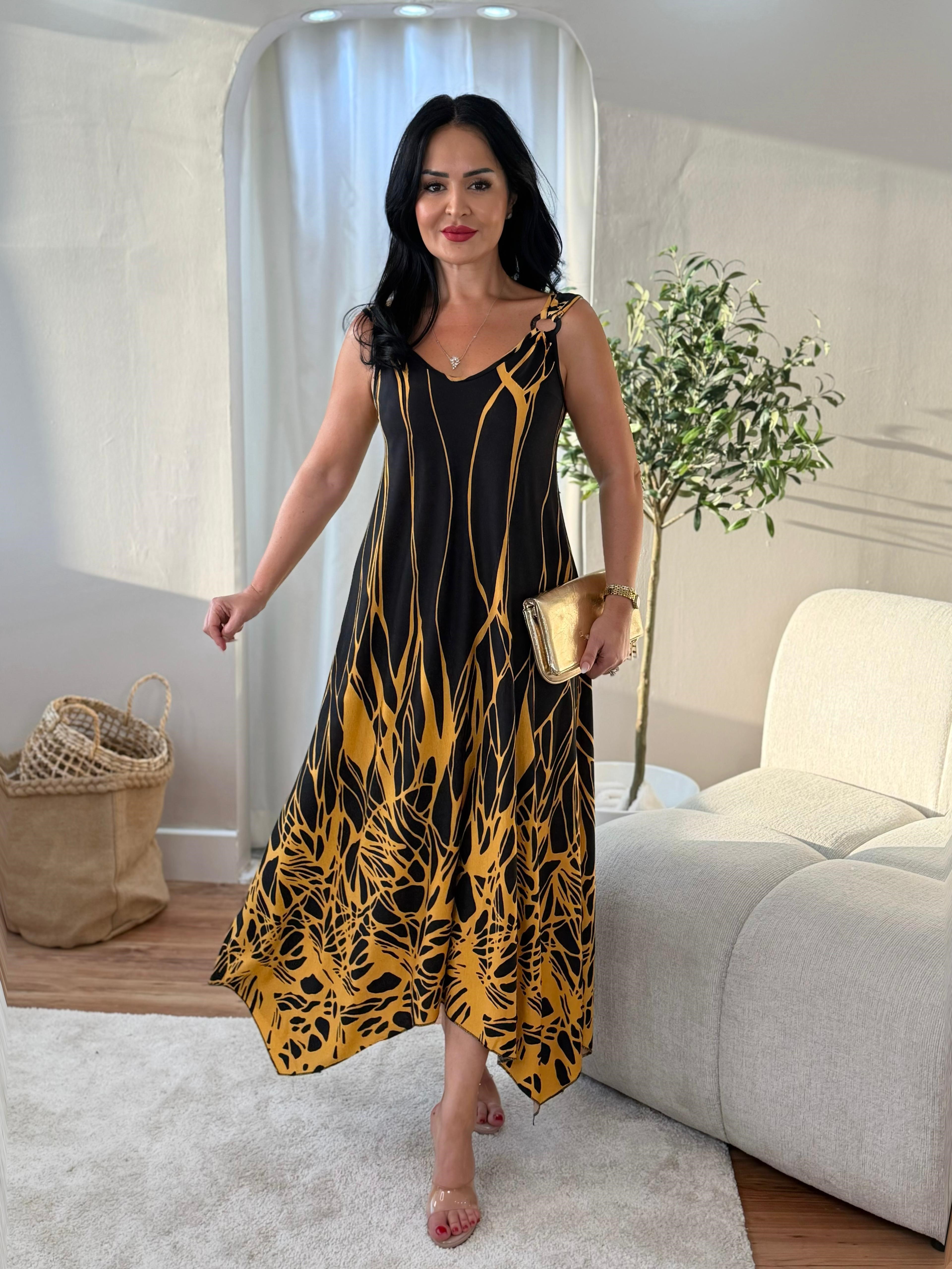 5033 Flora Çizgili Sarı Halka Detaylı Elbise5033