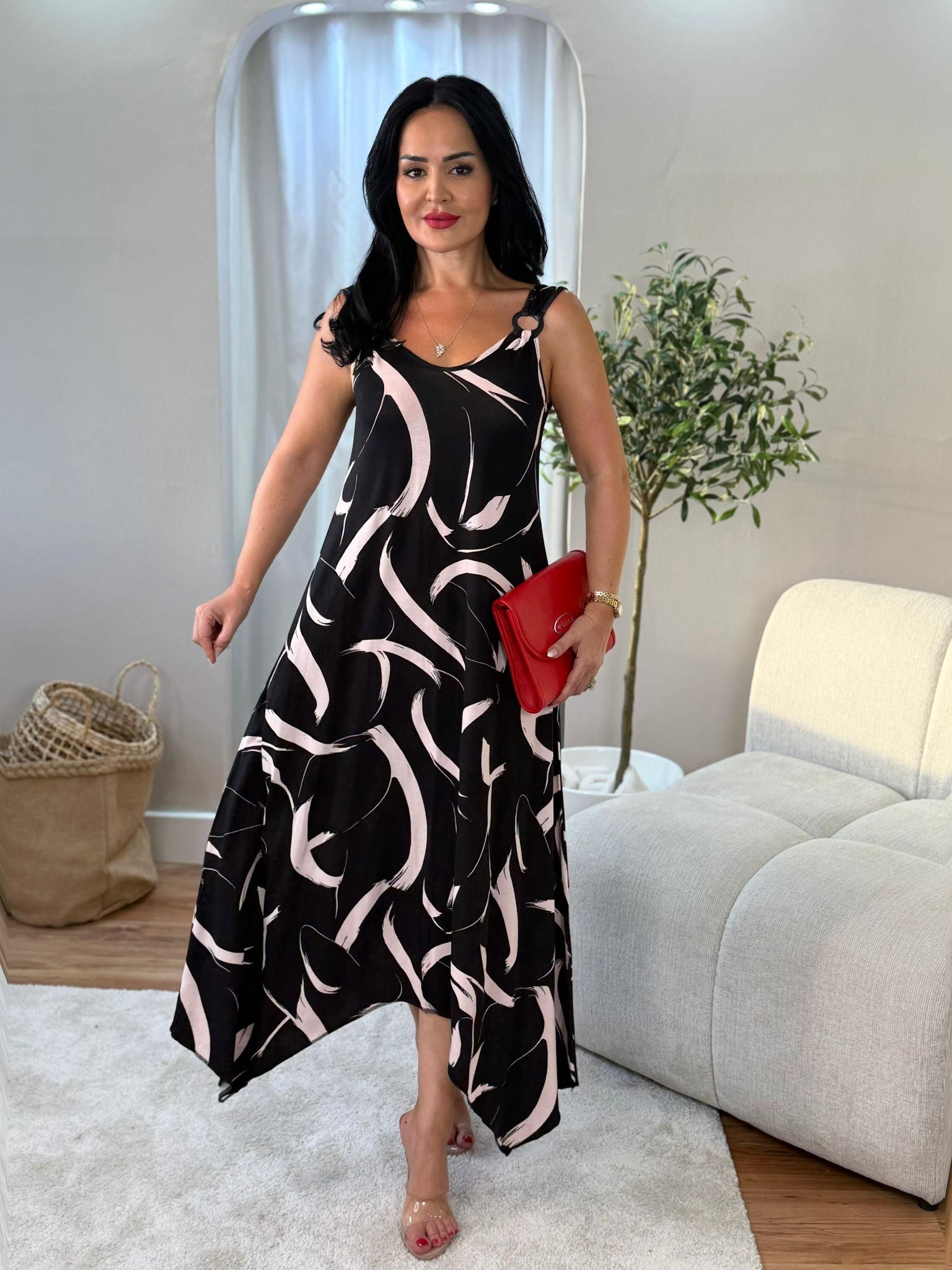 5033 Flora Pembe Desenli Halka Detaylı Elbise5033