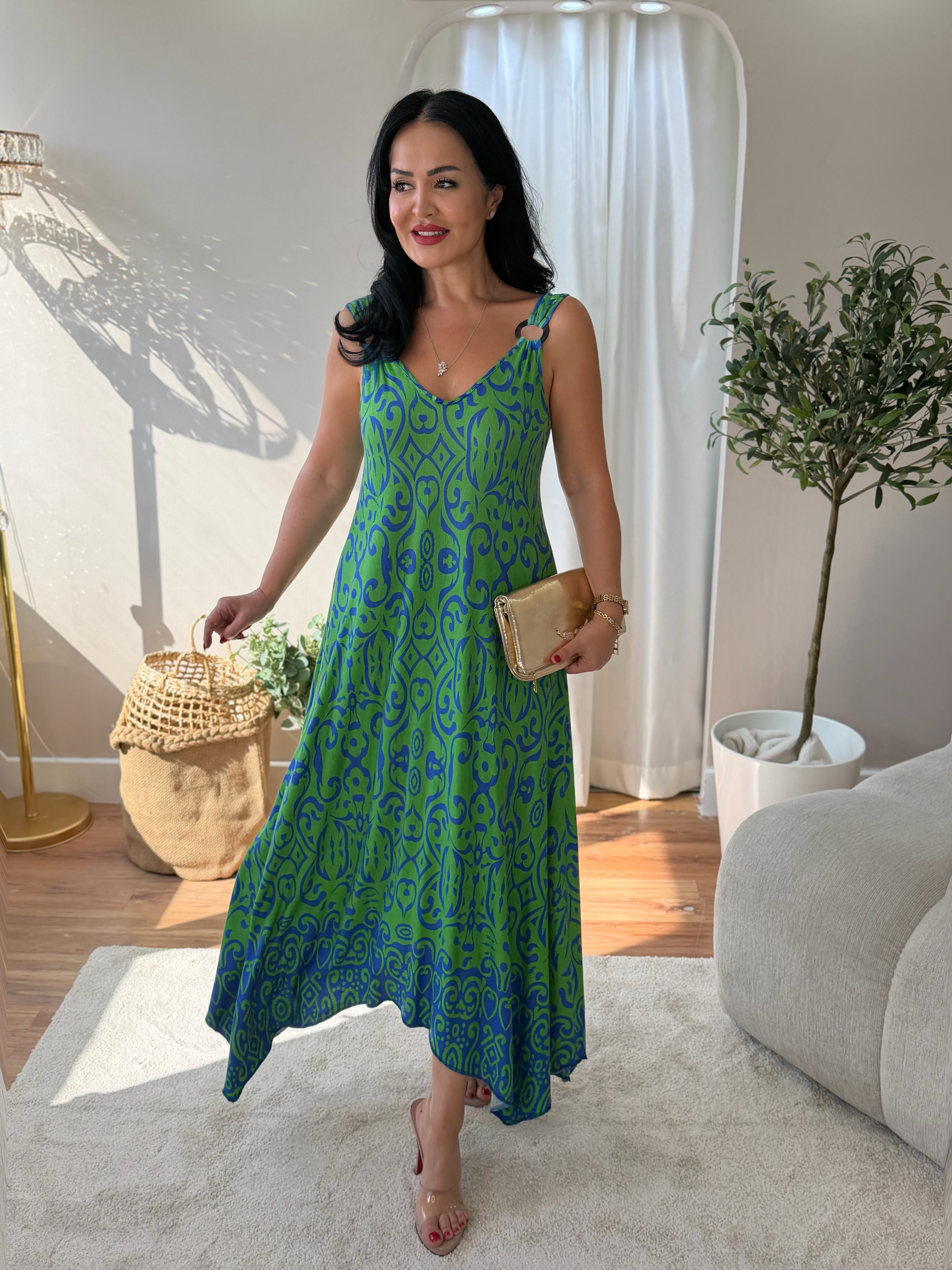 5033 Flora  Yeşil Halka Detaylı Elbise5033