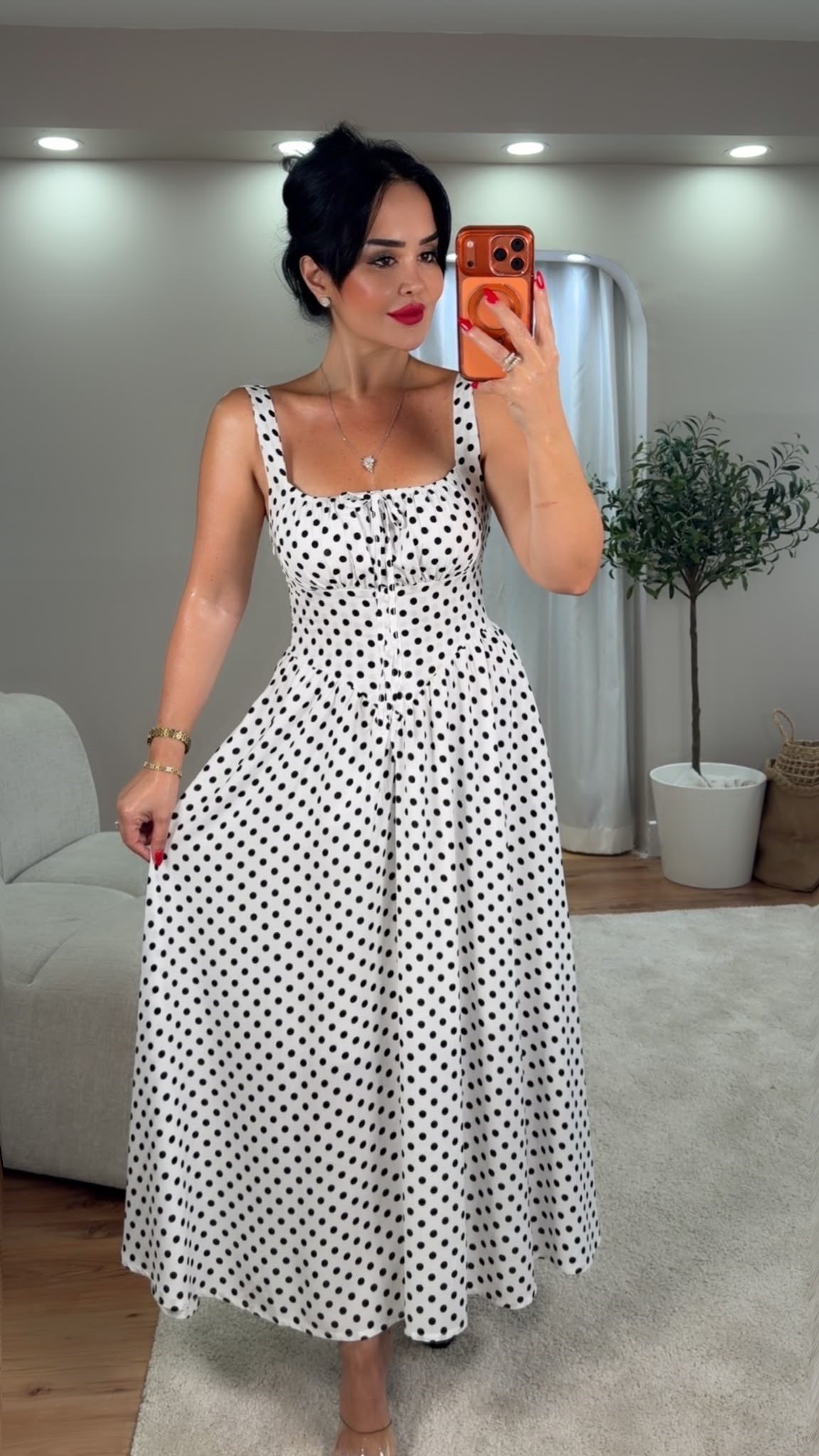 5043 Pooly Puantiyeli Beyaz Elbise5043