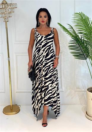 3680 siyah bej zebra  desen halka detaylı elbise
