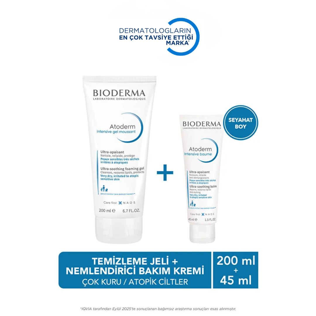 Atoderm Çok Kuru Atopi Eğilimli Cilt Onarıcı Temizleme Jeli ve Seyahat Boy Nemlendirici&Onarıcı Krem - Bioderma
