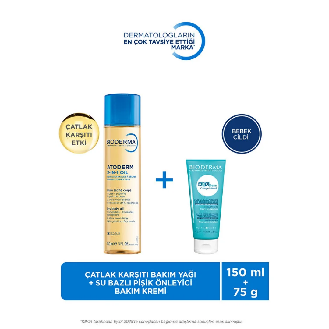 Bioderma Atoderm Hamileler için Çatlak Önleyici Cilt Bakım Yağı ve Abcderm Bebekler için Su Bazlı Pişik Önleyici Krem - Bioderma