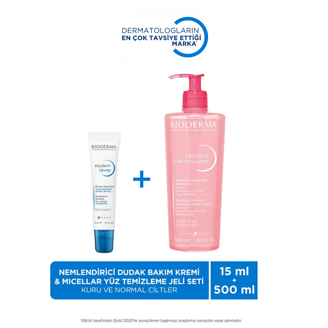 Bioderma Atoderm Nemlendirici Dudak Kremi & Sensibio Hassas ve Normal Ciltler Micellar Yüz Temizleme Jeli 500 ml 2'li Set - Bioderma