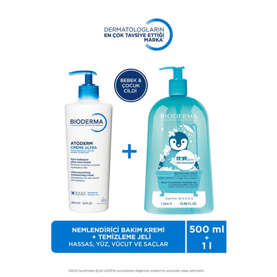 Bioderma Atoderm Nemlendirici Krem 500 ml + ABCDerm Yüz ve Vücut Temizleme Jeli 1 Litre - Bioderma