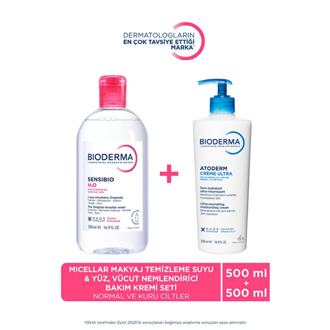 Bioderma Atoderm Normal ve Kuru Ciltler Nemlendirici Yüz Vücut Bakım Kremi 500 ml ve Sensibio Misel Su 500 ml - eczasepeti
