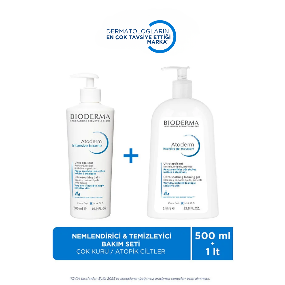 Bioderma Atoderm Yoğun Nemlendirici 500 ml + Temizleyici Jel 1000 ml Set Çok Kuru ve Atopik Cilt Bakımı - Bioderma