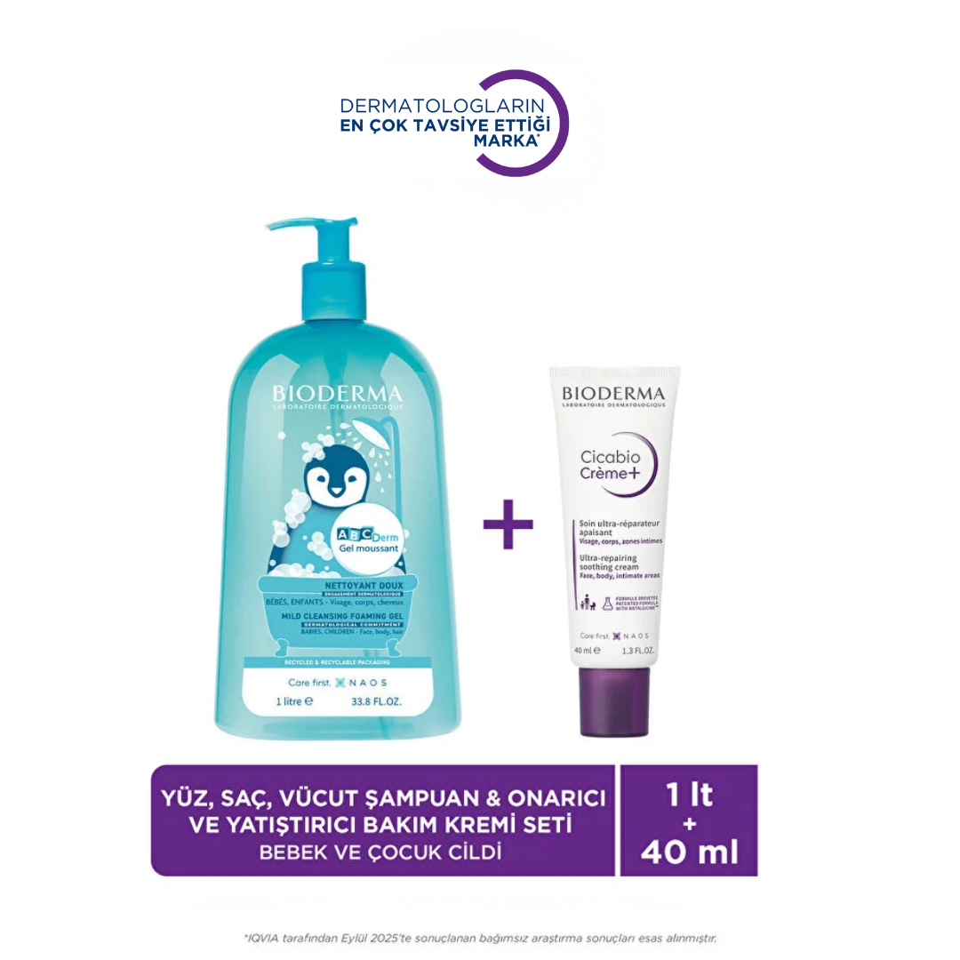 Bioderma Onarıcı, Yatıştırıcı Bakım Kremi Bebek ve Çocuk 1 Lt Yüz, Saç, Vücut Şampuanı 2'li Set - Bioderma