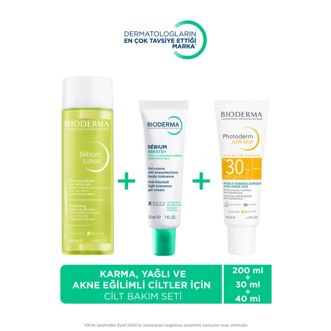 Bioderma Sébium Kerato 30 ml  + Photoderm AKN Mat SPF 30 40 ml + Sébium Gözenek Sıkılaştırıcı Tonik 200 ml Seti - Bioderma