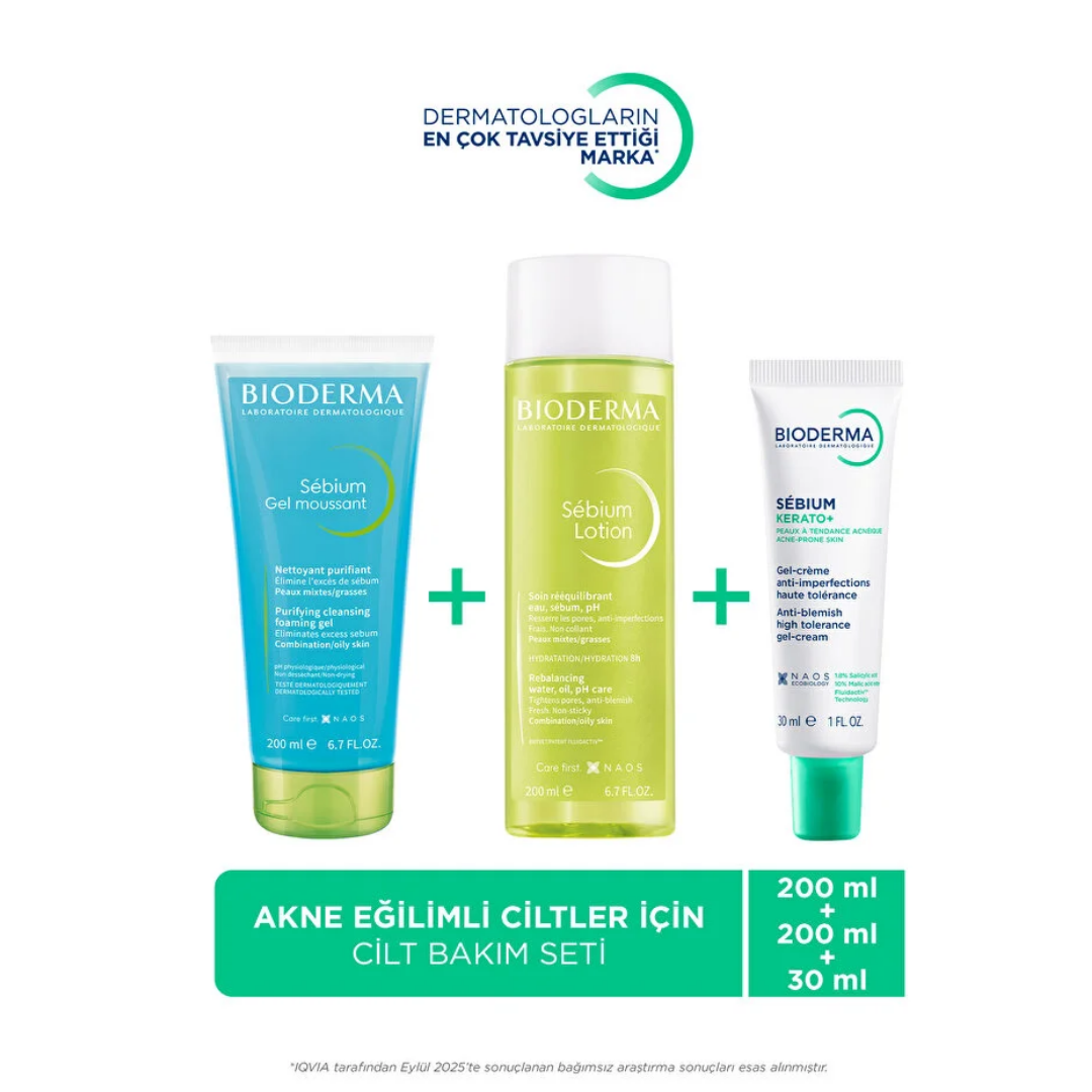 Bioderma Sébium Temizleme Jeli 200 ml + Sébium Kerato Nemlendirici Jel Krem 30 ml + Sébium Tonik 200 ml Set - Bioderma