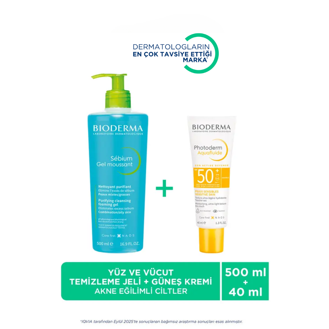 Bioderma Sebium Ciltler Temizleme Jeli 500ml & Photoderm Aquafluid Güneş Kremi 40ml - Bioderma