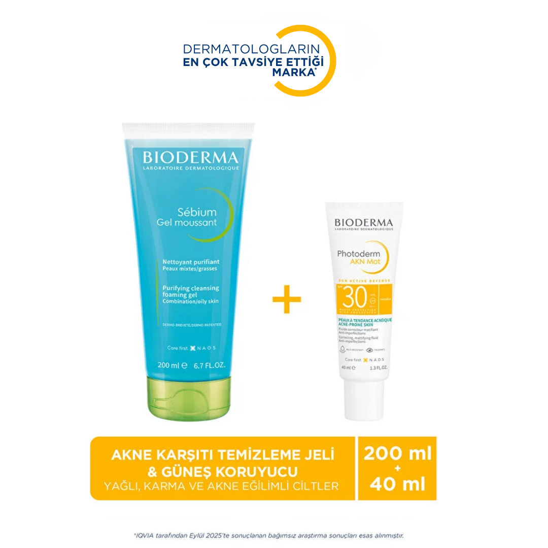 Bioderma Sebium Temizleme Jeli 200 ml + Photoderm AKN Mat SPF30 Güneş Kremi 40 ml Set Yağlı ve Akneye Eğilimli Ciltler - Bioderma