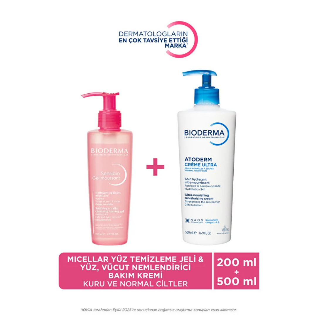 Bioderma Sensibio Foaming Temizleme Jeli 200 ml + Atoderm Nemlendirici Krem 500 ml Set - Bioderma