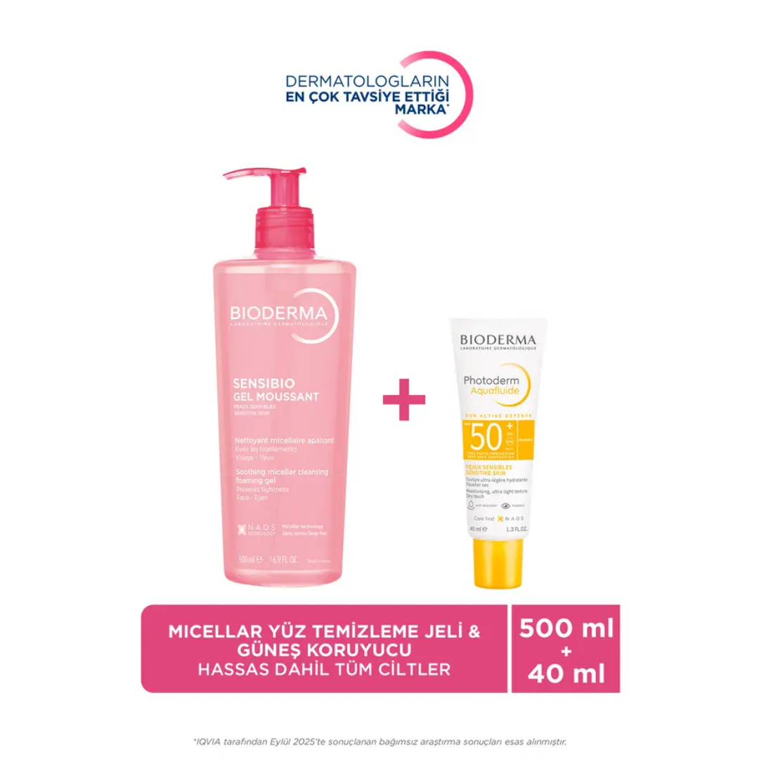 Bioderma Sensibio Temizleme Jeli 500 ml + Photoderm Aquafluid SPF 50+ 40 ml Güneş Kremi Seti - Bioderma