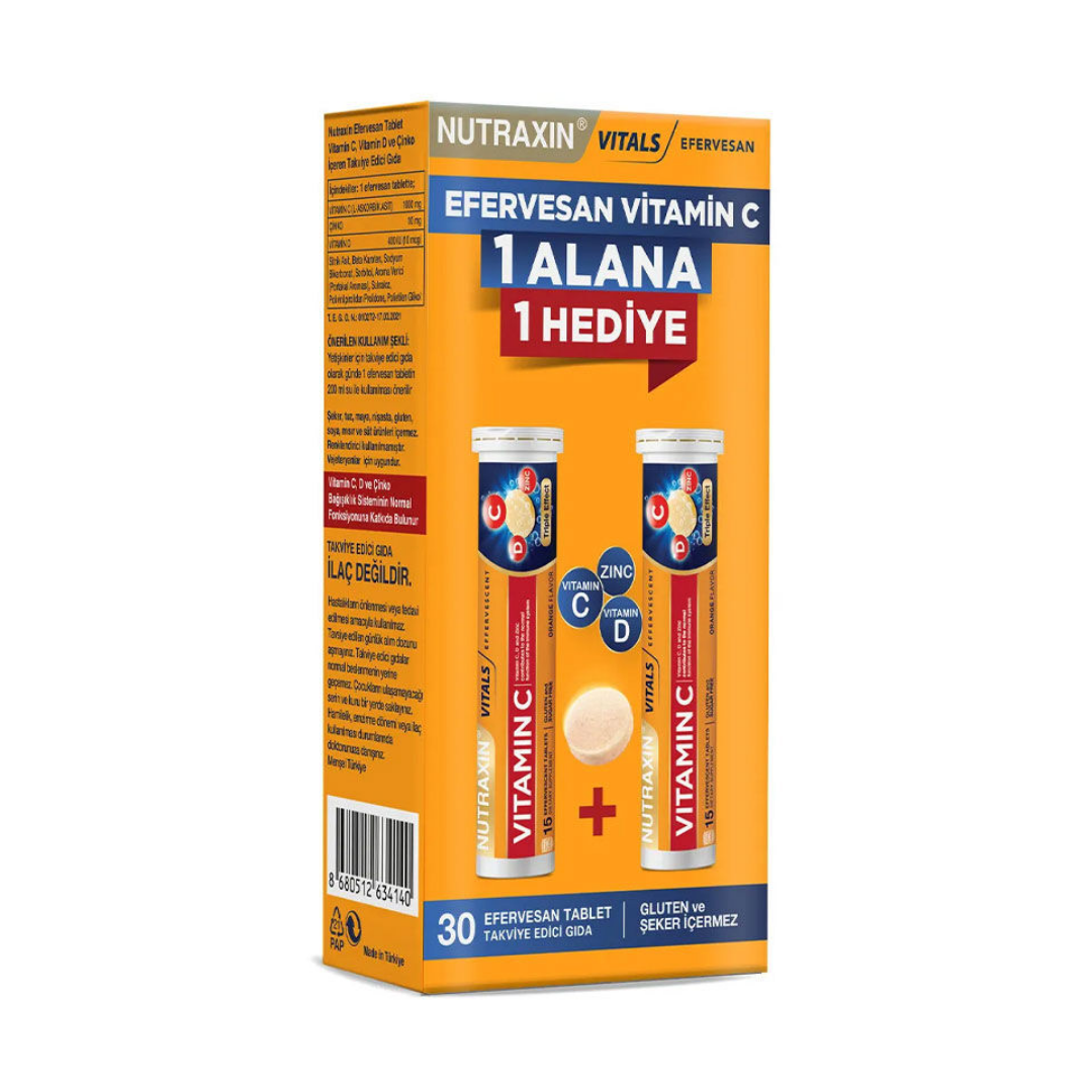 Nutraxin Efervesan Vitamin C-D-ZINC 15 Efervesan Tablet - 1 Alana 1 Bedava - Nutraxin