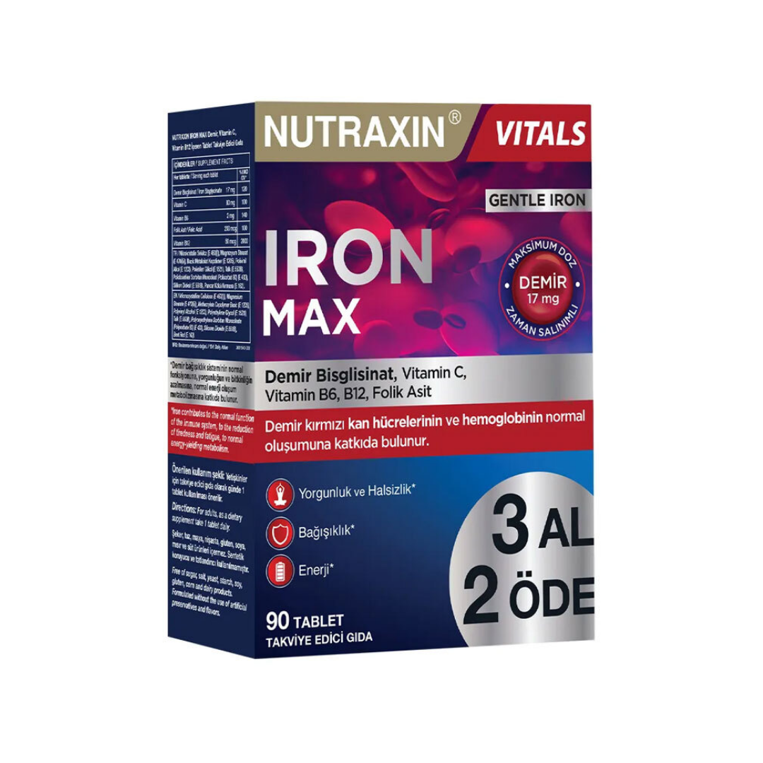 Nutraxin Iron Max Takviye Edici Gıda 90 Tablet - 3 Al 2 Öde - Nutraxin