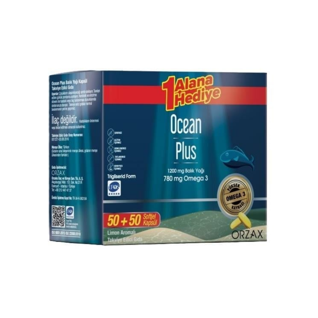 Orzax Ocean Plus 1200 mg Balık Yağı 100 Kapsül 1 Alana 1 Hediye - Orzax