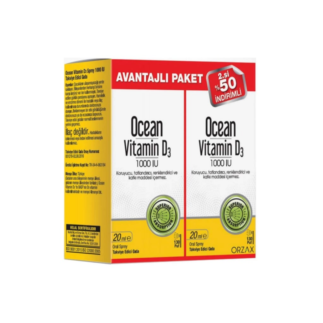 Orzax Ocean Vitamin D3 1000 IU Sprey 20 ml 1 Alana 1 Bedava - Orzax