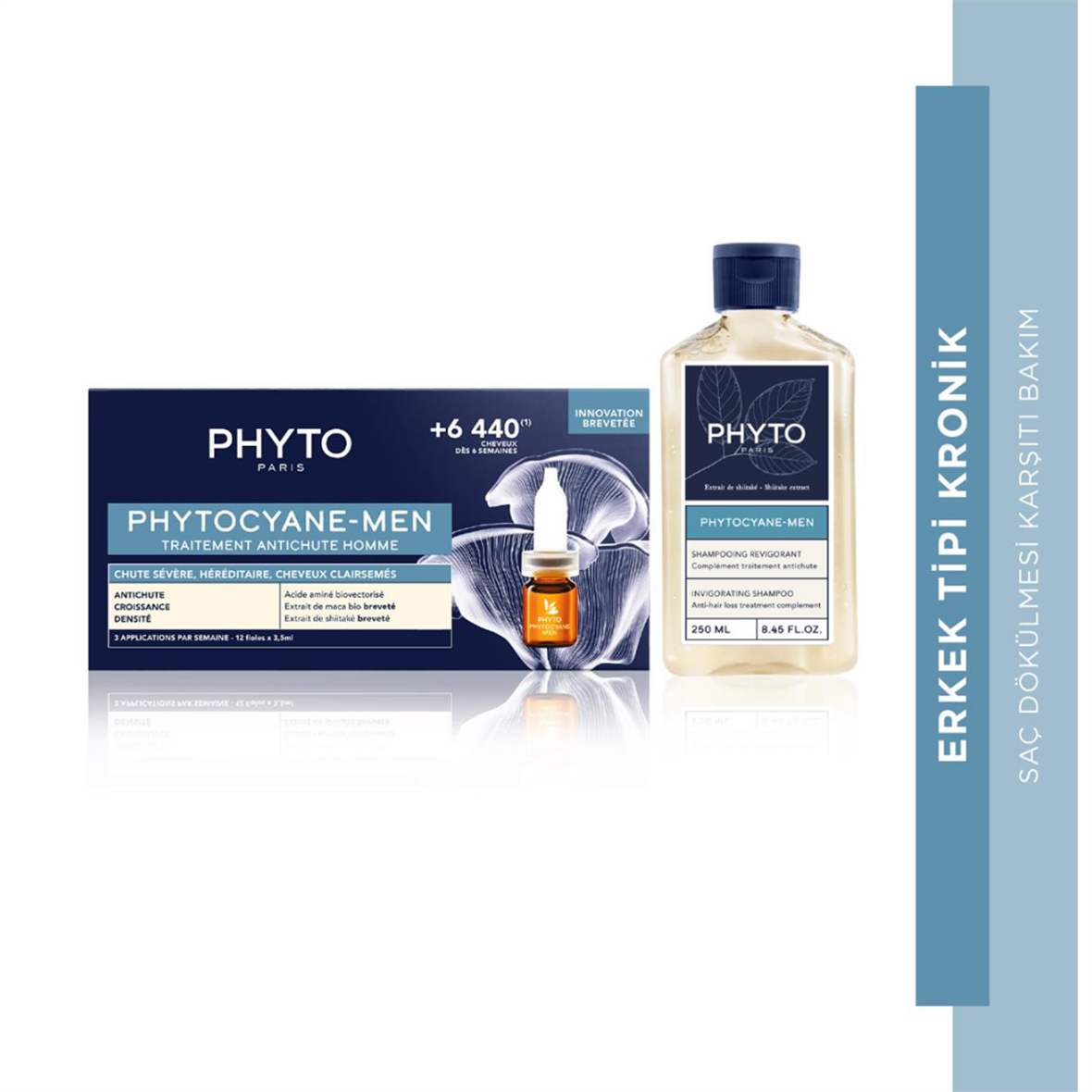 Phyto Cyane Men Invigorating Shampoo Erkek Tipi Saç Dökülmesine Karşı Canlandırıcı +Cyane Erkek Tipi Dökülme Karşıtı 12 x 3,5 ml - Phyto Saç Bakım