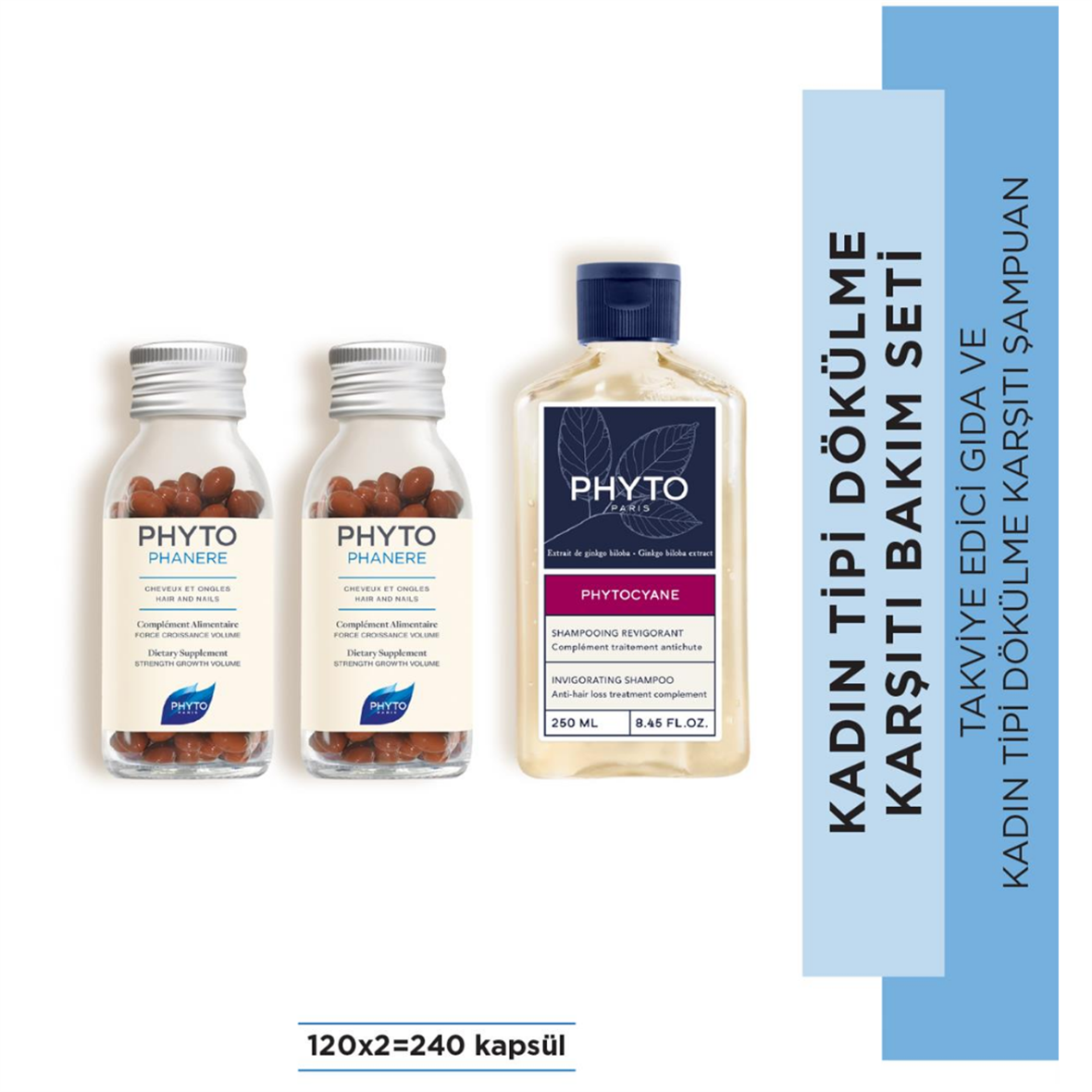 Phyto Phanere 240 Kapsül +Phyto Phytocyane Invigorating Shampoo Kadın Tipi Saç Dökülmesine Karşı Şampuan 250 ml - Phyto Saç Bakım