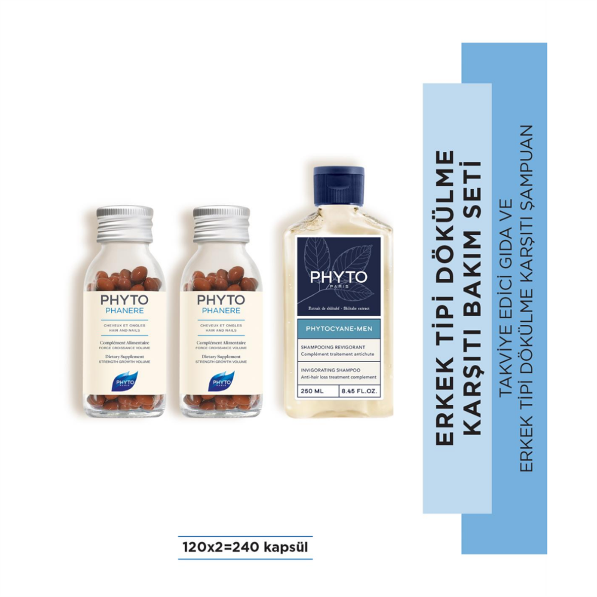 Phyto Phanere 240 Kapsül+Phyto Phytocyane Men Invigorating Shampoo Erkek Tipi Saç Dökülmesine Karşı Şampuan 250Ml - Phyto Saç Bakım
