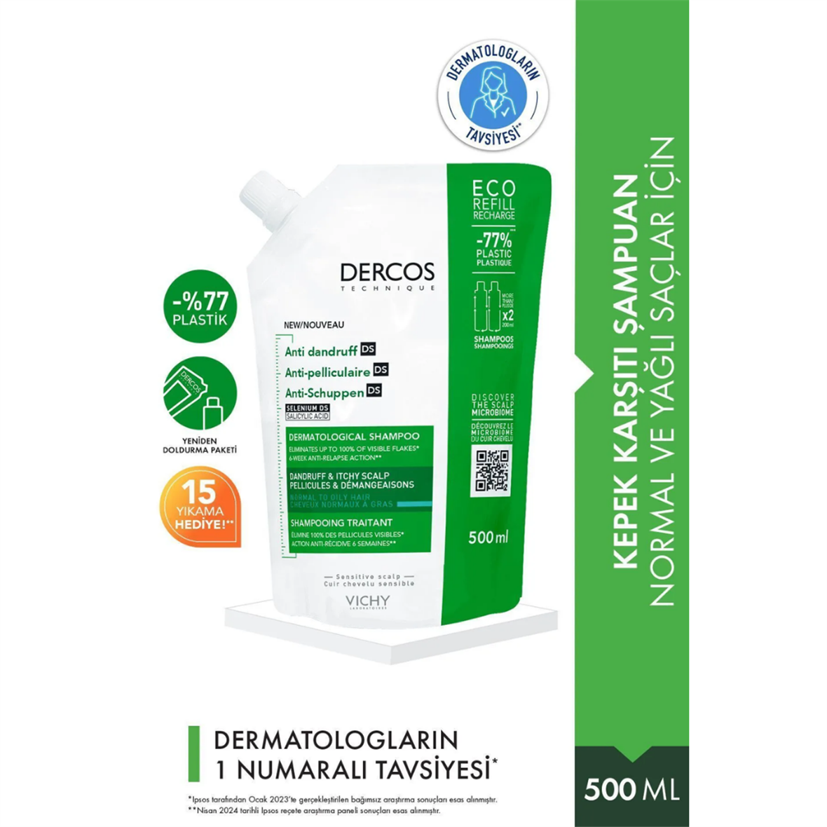 Vichy Dercos Anti-dandruff Kepek Karşıtı Şampuan, Normal & Yağlı Saçlar, Yeniden Dolum Paketi 500 Ml - Vichy