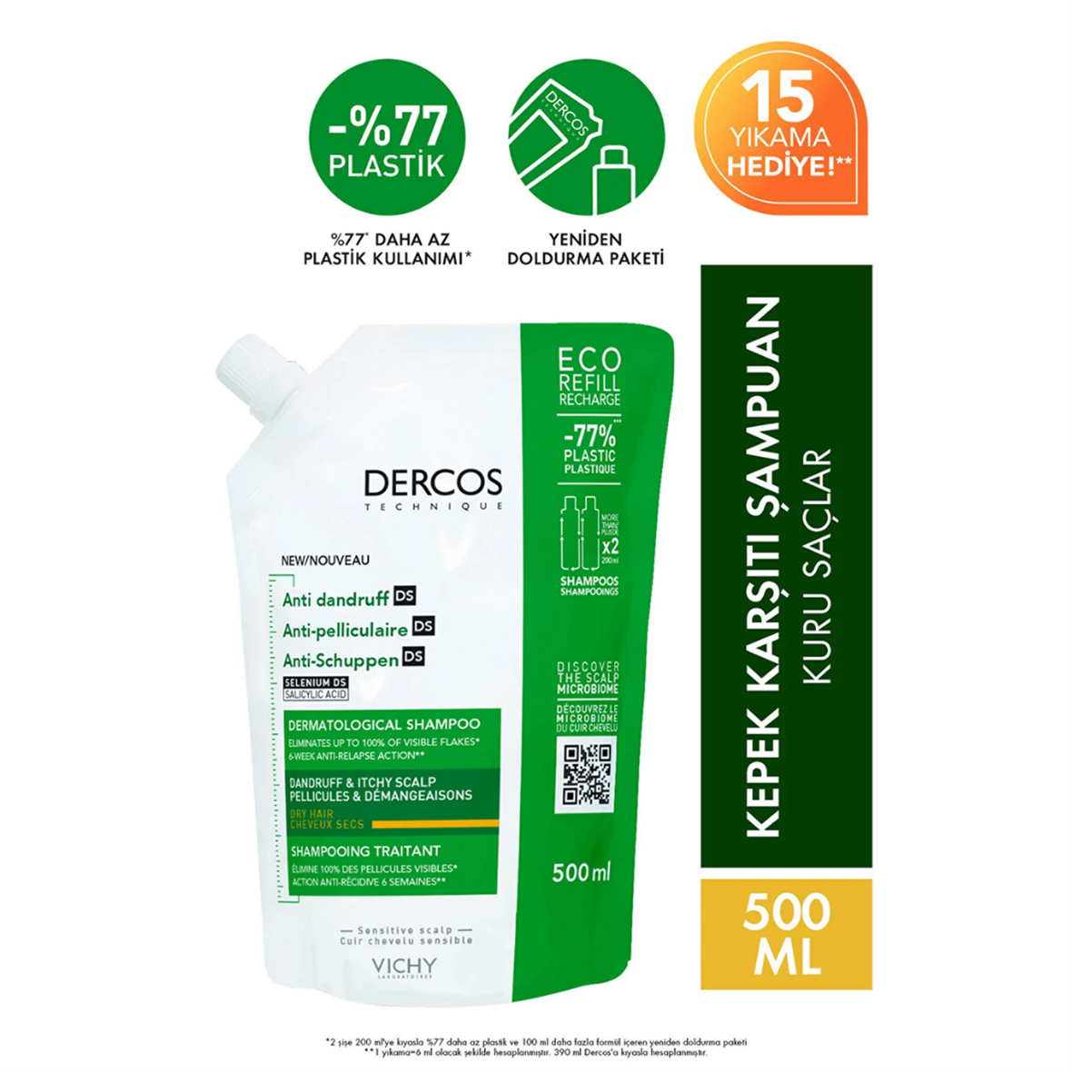 Vichy Dercos Anti-dandruff Kepek Karşıtı Bakım Şampuanı, Kuru Saçlar , Yeniden Dolum Paketi 500 Ml - Vichy