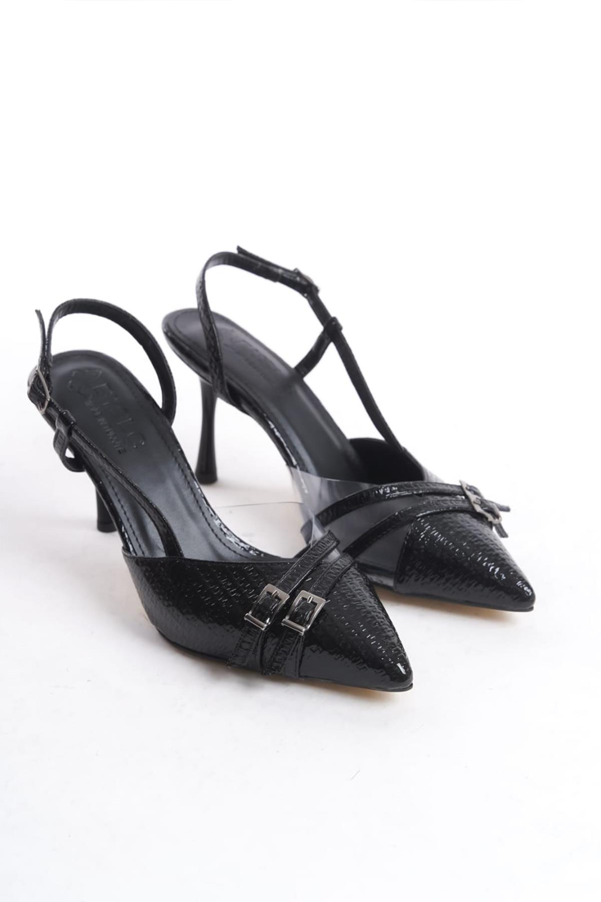 Kadın Arina Siyah Baskılı Rugan 9 Cm İnce Topuklu Sivri Burunlu Yanları Acık Stiletto