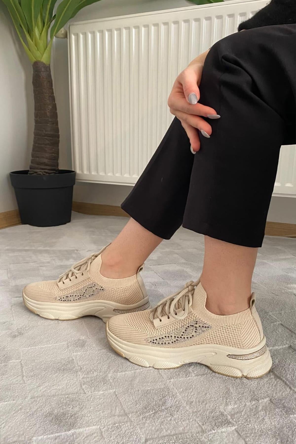 Kadın Fabri Ten Triko Taşlı Spor Ayakkabı & Sneaker