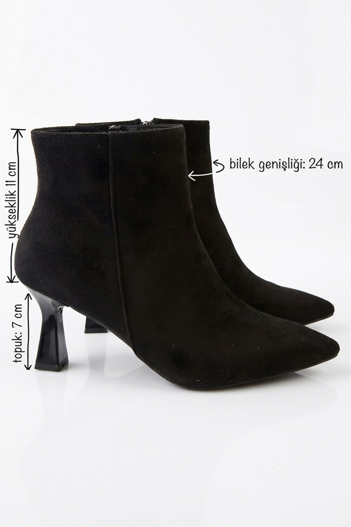 Kadın Koss Siyah Süet 7 cm Topuklu Sivri Burun Fermuarlı Bot