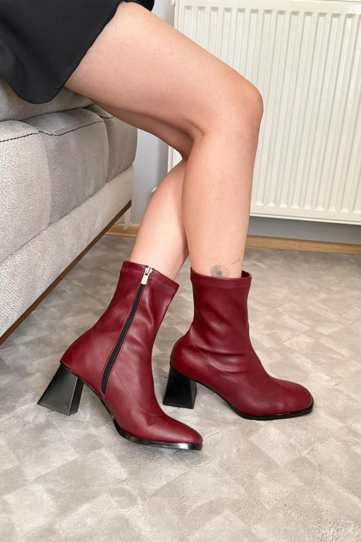 Kadın Marina Bordo Bot 7 cm Kalın Topuklu Streç Boots
