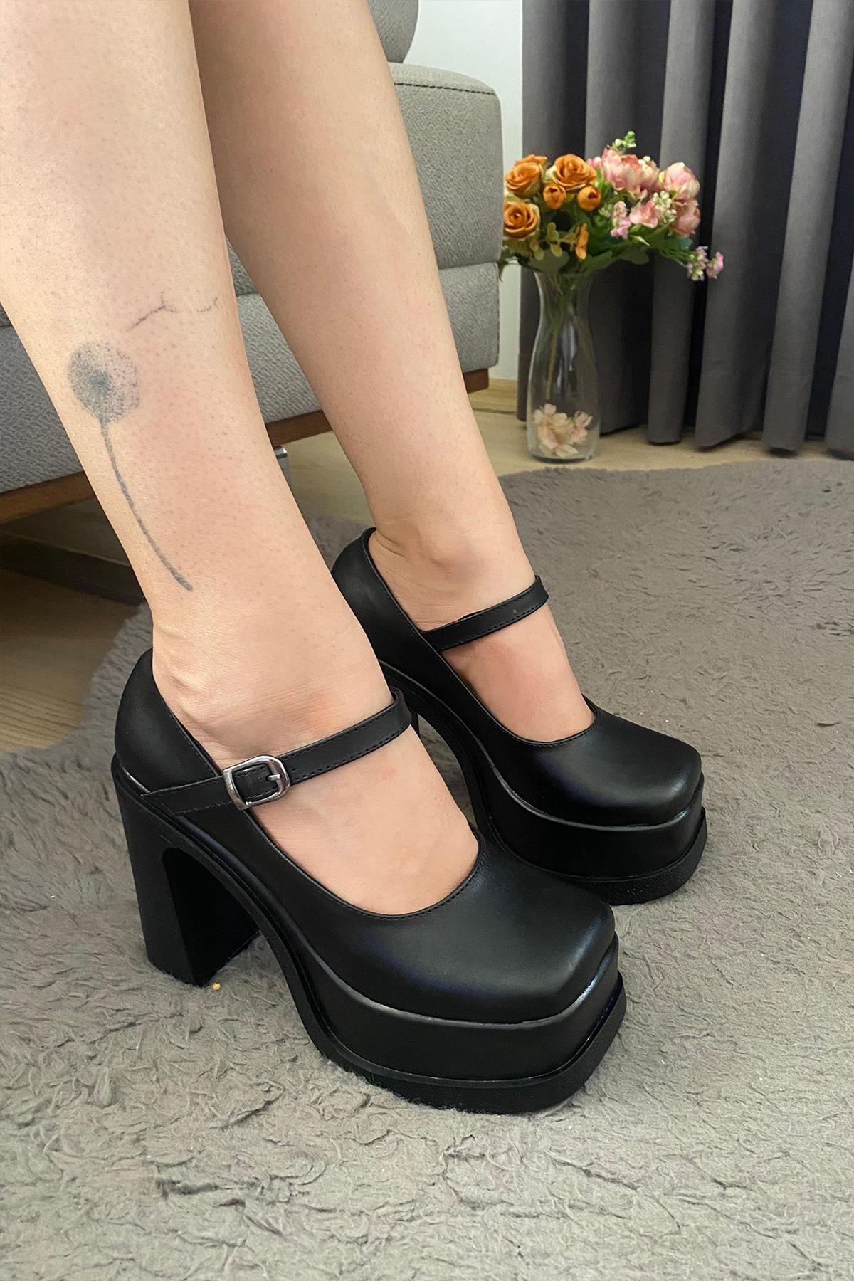 Kadın Napoli Siyah Tek Baretli  (12 cm ) Platform Topuklu Ayakkabı