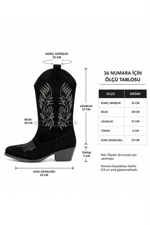 Kadın Clind Siyah Süet Nakişlii Western Kovboy Bot & Çizme
