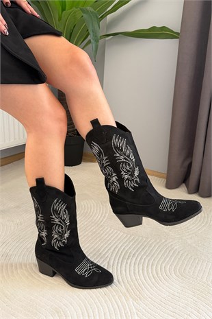 Kadın Clind Siyah Süet Nakişlii Western Kovboy Bot & Çizme