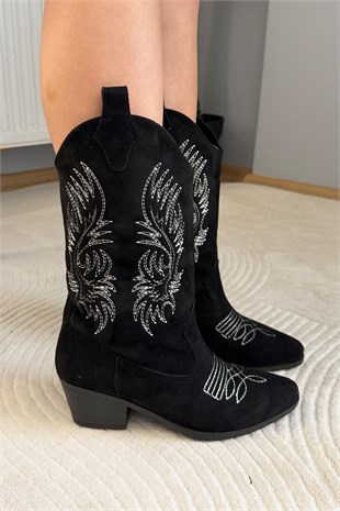 Kadın Clind Siyah Süet Nakişlii Western Kovboy Bot & Çizme