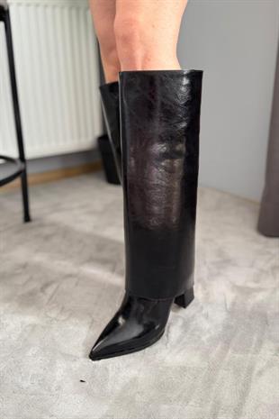 Kadın Cosvel Siyah Kırışık Rugan Tak Cıkar Detaylı Çizme