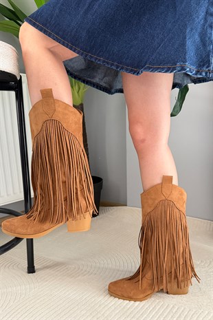 Kadın Dakota Taba Süet Püsküllü 5 cm Topuklu Kovboy Çizme