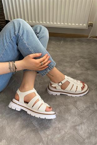 Kadın Desma Beyaz Kafes Model Vardola Deyatlı  Kalın Taban Ortopedik  Sandalet  K-140
