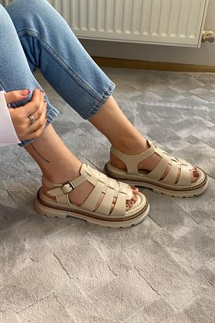 Kadın Desma Bej Kafes Model Vardola Deyatlı  Kalın Taban Ortopedik  Sandalet  K-140