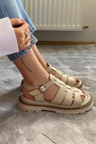 Kadın Desma Bej Kafes Model Vardola Deyatlı  Kalın Taban Ortopedik  Sandalet  K-140