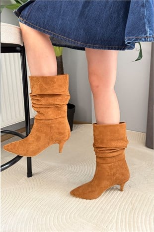 Kadın Donna Taba Süet Körüklü Sivri Burun 6 cm Çivi Topuklu Kısa Çizme