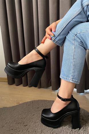 Kadın Elanor Siyah Deri Bilekten Bağlamal (12 cm ) Platform Topuklu Ayakkabı